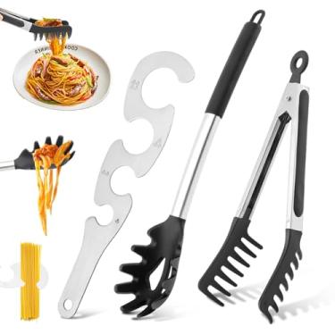 Imagem de Colher de espaguete de silicone e pinça de macarrão com medidor de massa, cabo de aço inoxidável antiaderente, conjunto de garfo de espaguete com dentes, clipe de comida de espaguete para servir