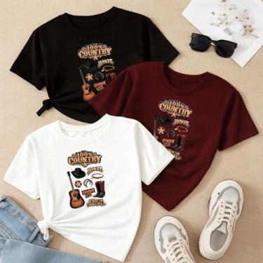 Imagem de Kit com 3 Camisetas Femininas Estampadas 100% Country Conjunto Lindo M