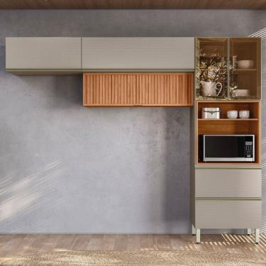 Imagem de Cozinha Completa Proença 5 Portas 2 Gavetas Ripado com Vidro Nogueira/Nude Prime Tx - Demobile