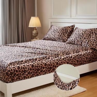 Imagem de Lençol com elástico MR&HM Satin Queen Size Brown Leopard