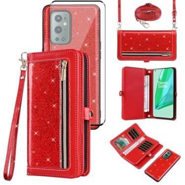 Imagem de Asuwish Capa de celular para OnePlus 9 Pro One Plus 9Pro 5G com zíper carteira de celular com protetor de tela de vidro temperado, alça com glitter, suporte para cartão em 1 Plus 1 + Plus9 1+ Pro Nine
