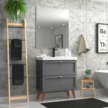 Imagem de Gabinete Para Banheiro Com Cuba E Espelho 80cm Retro Mdf Grafite Milano - On Móveis