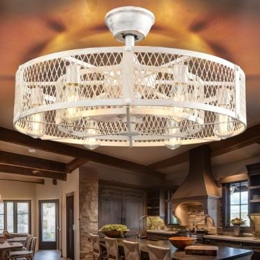 Imagem de Depuley Ventilador de teto gaiola com luz: Luminária de ventilador de teto rústica branca com gaiola - Ventiladores de teto de montagem embutida com controle remoto - Lustre industrial de baixo perfil