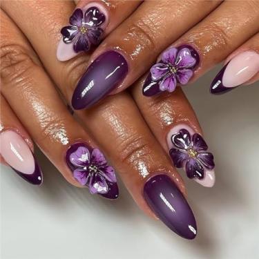 Imagem de Unhas postiças médias de amêndoa, unhas postiças francesas, roxas, desenhos de flores, cola fofa com glitter, unhas florais, 24 peças