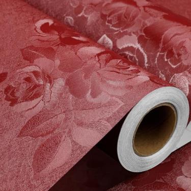 Imagem de Stickyart Papel de parede removível vermelho papel de parede adesivo papel de parede vermelho para armários de sala de estar quarto forro de gaveta parede autoadesivo Rose Peel and Stick papel de