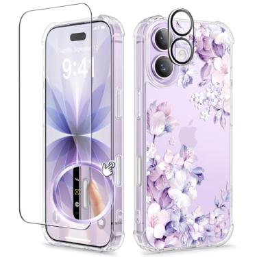 Imagem de GVIEWIN Capa para iPhone 17, com protetor de tela + protetor de lente da câmera, [não amarela] Capa protetora feminina transparente floral fina à prova de choque rígida PC traseira para iPhone 17 de