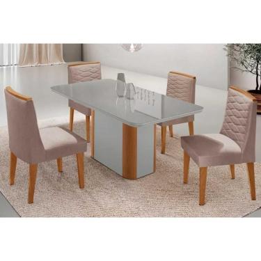 Imagem de Conjunto Sala de Jantar Pietá c/ Tampo Madeirado c/ Vidro Canto Curvo 120x80cm e 4 Cadeiras Maldivas Madeira Maciça Naturale/Off White - Capuccino/Lin