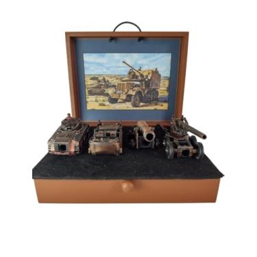 Imagem de Conjunto de Miniaturas Militares em Metal, 4 Peças com Tanque, Barco, Canhões, 9cm, com Caixa Decorativa em MDF 18x15x5,5cm