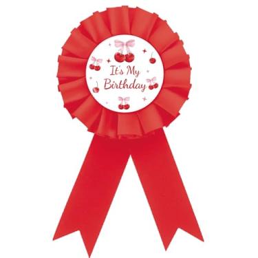 Imagem de Broche de crachá Cherry It's My Birthday, broche de botão de feliz aniversário com laço rosa, fita de prêmio Sweet Berry para meninas, ela é a cereja no topo artigos de festa temáticos