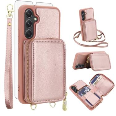 Imagem de Capa de celular para Samsung Galaxy A54 5G carteira com protetor de tela de vidro temperado, alça transversal, cordão com bloqueio de RFID, suporte para cartão de crédito A545G A 54 54A 4G G5 SM A546U