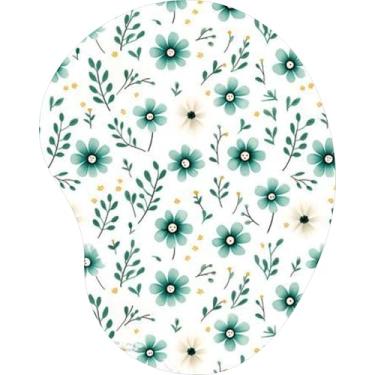 Imagem de Mouse Pad Ergonômico Gota Flores Azuis e Verde Folhas Fundo Branco