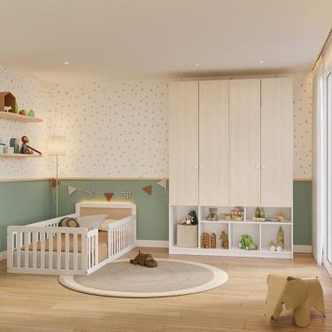 Imagem de Conjunto Dormitório Cama de Solteiro Giulia Rattan e Guarda Roupa 4 Portas Curió Casatema Branco/Natural