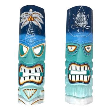 Imagem de Conjunto de 2 máscaras Tiki do oceano azul e verde – decoração de parede de madeira esculpida à mão de 50 cm para ambientes internos ou externos – festa tropical polinésia, bar, pátio, varanda