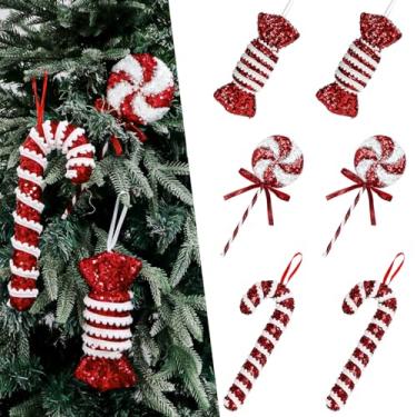 Imagem de 6 peças de enfeites de paetês para pendurar em bengala doce - decoração de doces de pirulito de hortelã-pimenta de Natal em estilo sortido vermelho e branco para árvore de Natal, faça você mesmo