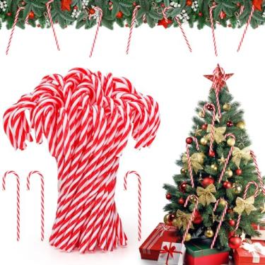 Imagem de 60 peças de enfeite de bengala de doces de Natal, decoração de plástico para pendurar em árvore de Natal de 15 cm, muleta torcida, bengalas de doces para árvore de Natal, presente para uso interno e