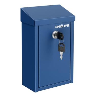 Imagem de Uniclife Caixa de armazenamento de chave para fora, caixa de doação de metal azul caixas de coleção com trava de chave, caixas de sugestão segura, caixa de correio montada na parede com compartimento