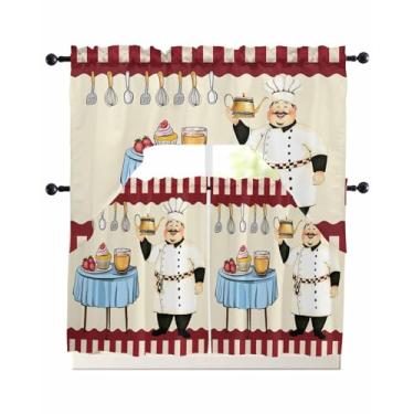 Imagem de Kontanderi Chef Swag Conjunto de cortinas de cozinha com saia e camadas de 61 cm de comprimento, chapéu de bolo de frutas vermelhas para cozinha gourmet vintage com bolso para varão, cortinas para