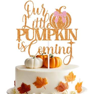 Imagem de Orange and Pink Glitter Glitter Our Little Little Pumpkin is Coming Cake Topper, Pumpkin Fall Leaves Autumn Baby Shower Pregnant Gender Reveal Party Decorations Supplies