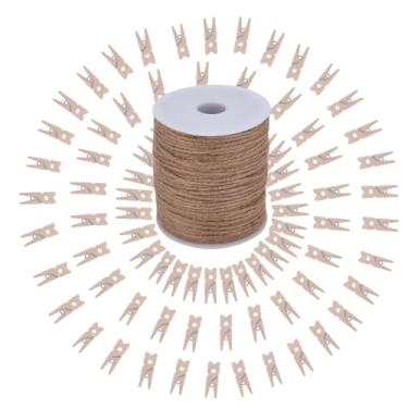 Imagem de SOFPLATE 100 peças mini clipes de foto de madeira de 2,5 cm prendedores de roupa artesanais com 100 metros de fio de juta marrom natural alfinetes de roupas faça você mesmo guirlanda para artesanato