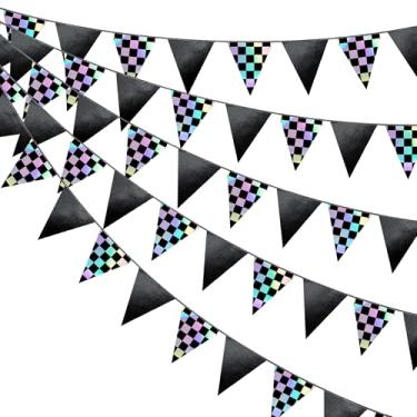 Imagem de Decorações de festa de corrida bandeira preta quadriculada iridescente bandeira de papel triângulo para crianças, meninos, homens, fãs de corrida, aniversário, chá de bebê, caminhão monstro, corrida