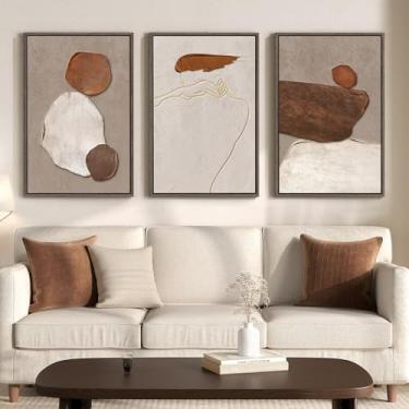 Imagem de Arte de parede abstrata neutra emoldurada grande, 3 peças de arte em tela rústica bege e marrom para paredes, imagens de pedra minimalistas para sala de estar, corredor, escada, escritório, decoração