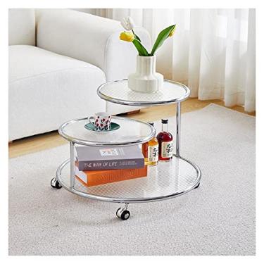 Imagem de Mesa de centro de design simples redonda móvel, mesa de centro de 3 camadas com armazenamento, mesa de centro moderna de vidro temperado com rodas para sala de estar, design moderno, móveis domésticos