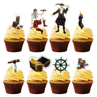 Imagem de 24 pcs Caribbean Skull Pirate Cupcake Topper Halloween Men Pirate Cake Decorations Skull Skeleton Gem Treasure Captain Hook Telescope Steer Birthday Party Supplies