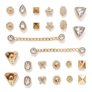 Imagem de Janyortrenner 26 peças de pingentes de sapatos brilhantes para mulheres e meninas, acessórios de sapatos dourados com correntes de strass flores, joias para decoração de sapatos de tamanco faça você