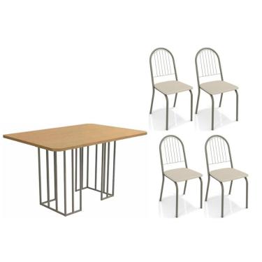 Imagem de Sala de Jantar Completa Duina c/ Tampo de Madeira 136cm e 4 Cadeiras Noruega Niquel/Freijo - Corano Bege - Kappesberg