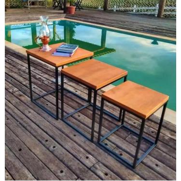 Imagem de Banco Trio Encaixe Quadrado em Ferro e Madeira - Minas Rústico