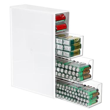 Imagem de BTSKY 1 organizador de armazenamento de bateria de acrílico branco para pilhas AA, AAA, 9V, C, caixa de armazenamento de 4 gavetas, organizador de bateria para tipos comuns, recipiente doméstico