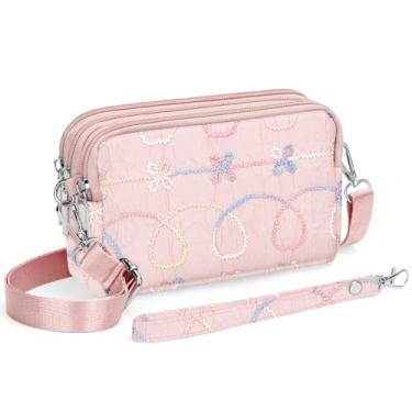 Imagem de YINHEXI Bolsas transversais pequenas para mulheres, 3 zíperes pequena bolsa transversal de nylon para viagem, bolsa carteira de celular para mulheres, Rosa-02 bordado de linha, Estilo natural