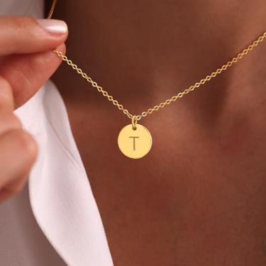 Imagem de Colar feminino com inicial de ouro, banhado a ouro 14K, feito à mão, com pingente de moeda, joia, Medium, Latão, Sem Pedra Preciosa