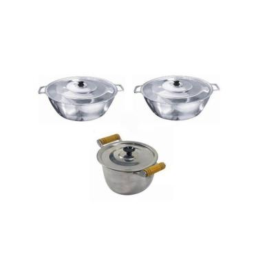 Imagem de Jogo 02 Tacho Alça Alumínio + Caldeirão Alça Madeira Polidos