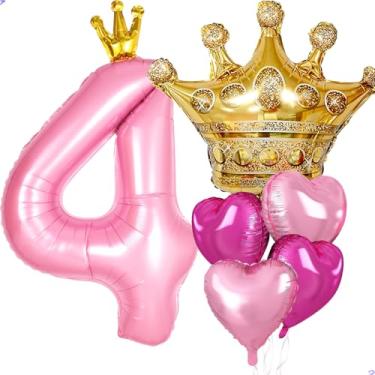 Imagem de Decorações de festa de 4 anos de princesa, coroa rosa grande de 101,6 cm, 4 balões para meninas, decorações de aniversário de princesa real, lembrancinhas de festa, aniversários (balão de aniversário