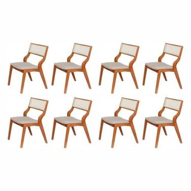 Imagem de Kit 8 Cadeiras Madeira Maciça Estofada e Rattan 100% Natural Luna Espr