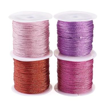 Imagem de 4 rolos de cordão metálico trançado de 1 mm com glitter, não elástico, fio de corda para artesanato para fabricação de joias, etiqueta pendurada, ornamento, decoração de presentes, rosa e roxo