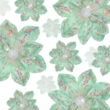 Imagem de Norme 15 peças de flores de magnólia de Natal de veludo em 3 tamanhos, flor artificial com glitter, enfeite de árvore de Natal com haste para decoração de casamento (verde macaron)