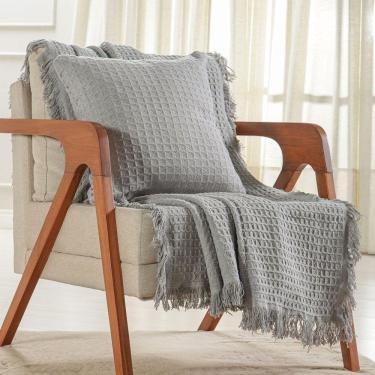 Imagem de Kit Manta E 2 Capa De Almofada Decorativa Para Sofá Waffle 100% Algodão 120x150cm Platina