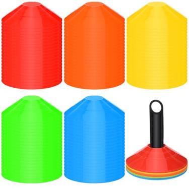 Imagem de MAQUITA 100 Cones de Futebol Disco Agilidade Cones de Futebol Treinamento Esportivo Multicolorido Marcador de Campo Plástico com 2 Suportes para Futebol Basquete Lacrosse Tênis Equipamento de Prática