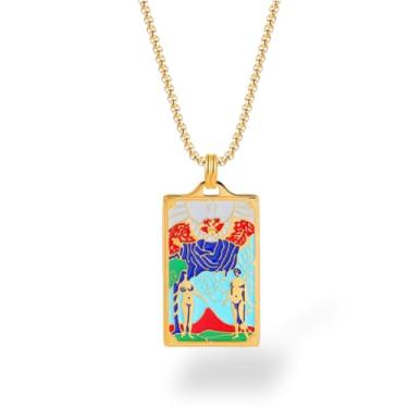 Imagem de Colar de Tarô com Esmalte Colorido – Pingente Arcanos Maiores Banhado a Ouro 18K, Joia Mística com Significado, Presente Espiritual para Mulheres, Acessório Esotérico (Os Enamorados)