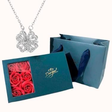 Imagem de Colar Coração Trevo Magnético Prata Cx Presente Rosa Eterna