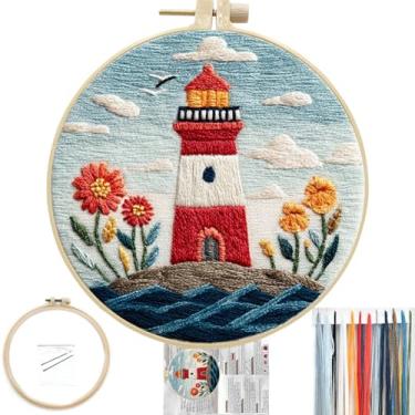 Imagem de FONNUY Kit de bordado para iniciantes, kits de padrões pré-estampados de flores de paisagem de farol para adultos com argola, costura de linha colorida fácil de seguir, argola de 20 cm (azul)