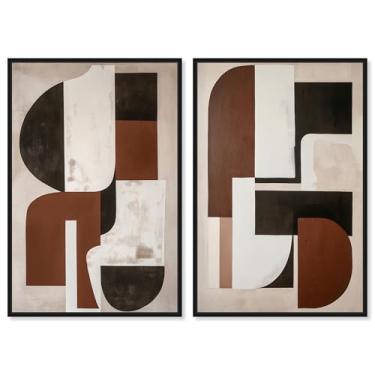 Imagem de Conjunto de 2 painéis geométricos de luxo neutro, impressão em tela, boêmio, arte de parede da Art Remedy, moldura preta, 40,6 x 61 cm