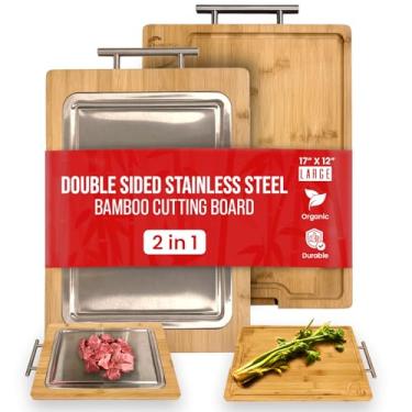 Imagem de Tábua de corte de aço inoxidável, tábua de corte de bambu dupla face grande com alça e ranhura de suco, tábuas de charcutaria de bambu, tábua de corte de metal durável, tábuas de corte de madeira para