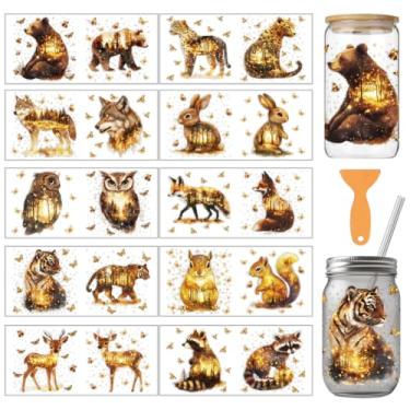 Imagem de arricraft 10 adesivos de transferência de copo de PVC com tema animal, estampa de animais da floresta dourada urso leopardo UV à prova d'água para copos de 473.6 g janela decoração de impressão