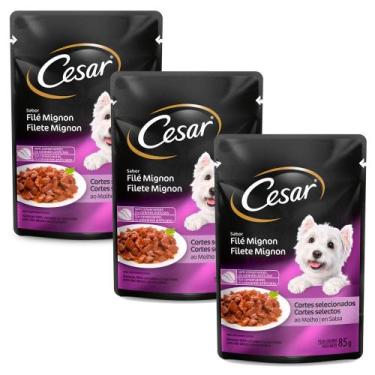 Imagem de Kit 3 Ração Úmida para Cachorro Cesar Adulto Sabor Filé Mignon em Sach