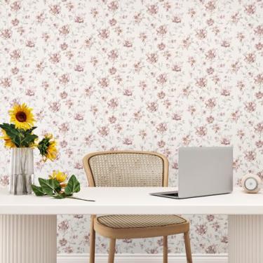 Imagem de EPPKILY Papel de parede floral rosa para descascar e colar papel de parede vintage floral rosa papel de parede autoadesivo removível para paredes armários de quarto de meninas forro de prateleira