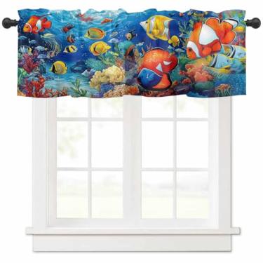 Imagem de Cortina de decoração oceânica, vida marinha, cozinha, para janela, peixes, corais, algas marinhas, bolso para varão, sanefa, cozinha, tratamento de janela, para quarto, sala de estar, 106,7 x 30,5 cm