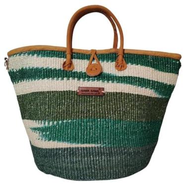 Imagem de Evergreen Spirit Cesta de férias feita à mão com alças de couro e fecho de botão, bolsa de palha grande perfeita para viagens, bolsa de mão de praia de verão feita à mão, lancheira para mulheres